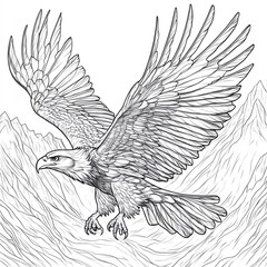 Fototapeta premium A regal eagle flying over mountains, with detailed feathers and a majestic background