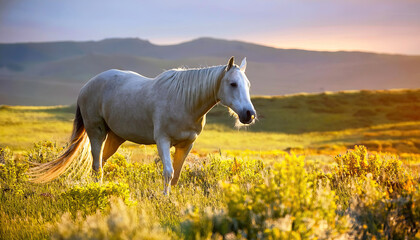Naklejka premium White horse in the field