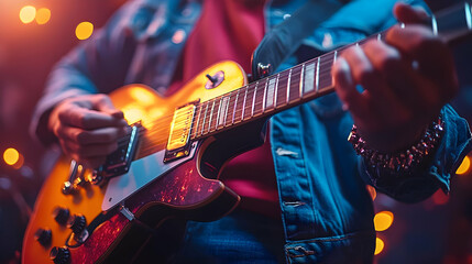 Obraz premium Close Up of a Guitarist Playing Electric Guitar on Stage with Bright Lights
