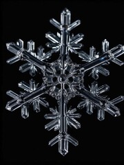 Detailed close-up of a symmetrical snowflake