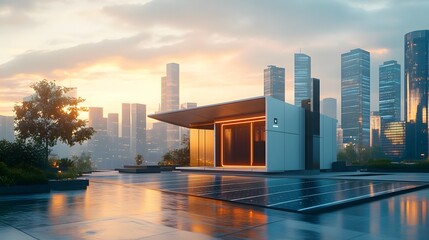 Obraz premium High-tech renewable energy storage unit integrated into a solar powered smart grid, depicted in a dynamic, modern city environment.