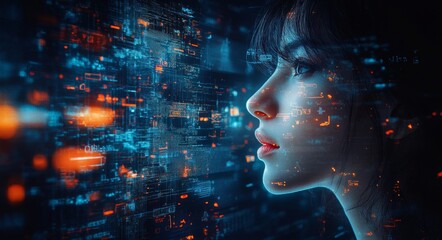 Double exposure of young woman with futuristic face recognition concept.