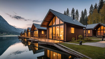 resort village with cozy small modern houses by the lake, camping in nature, tourism
