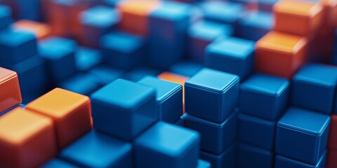A visually captivating abstract geometric pattern is formed with blue and orange cubes featuring a shiny surface texture.