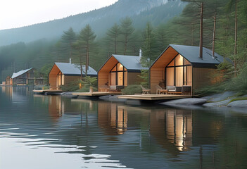 resort village with cozy small modern houses by the lake, camping in nature, tourism