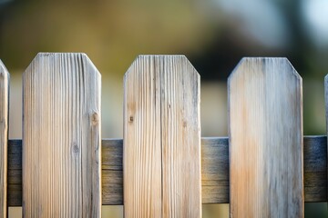 Fototapeta premium A row of aged and rustic wooden fence posts illuminated by soft and gentle sunlight, creating shadow play of textures.