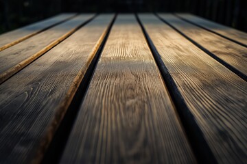 A scenic photo capturing a wooden table's surface with sunlight casting warm, golden highlights across its planks.