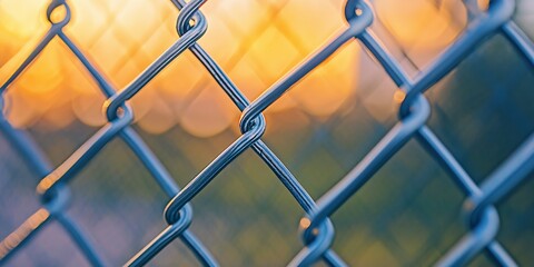 A detailed close-up of a chain-link fence against a backdrop bathed in the warm, golden hues of the setting sun.