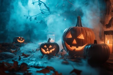Naklejka premium Mystical and spooky setting with illuminated Halloween pumpkins, creating an eerie atmosphere with fog and blue lighting.