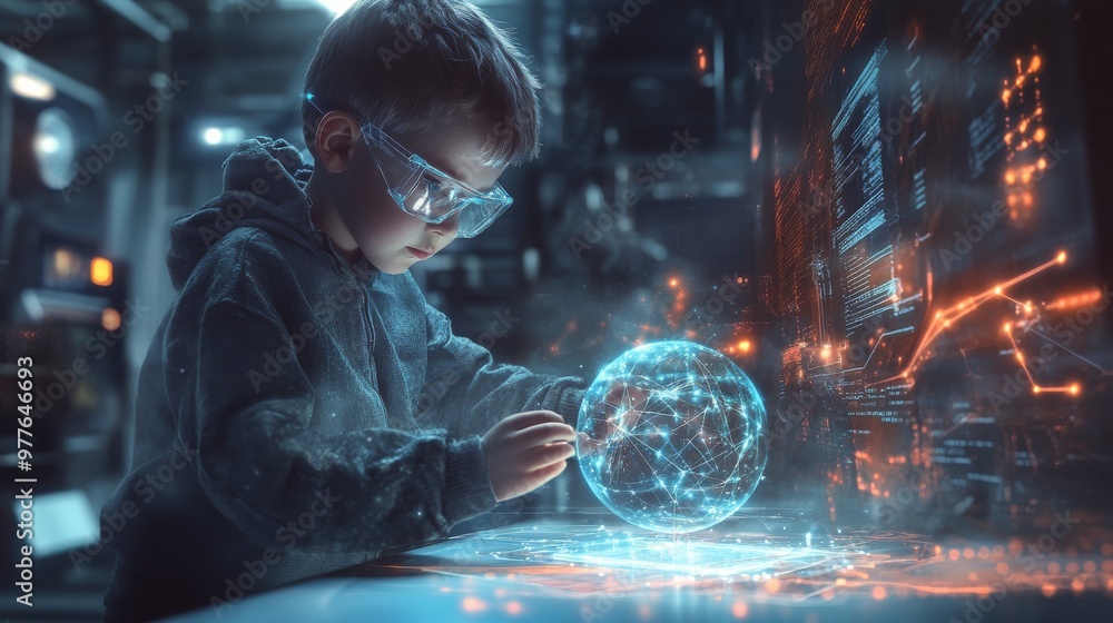 Poster child acting as a quantum researcher, manipulating qubits and quantum circuits in a futuristic setti
