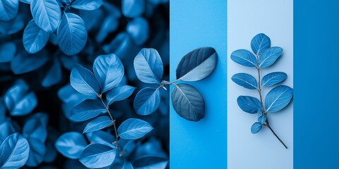 Artistic display of leaves rendered in varied blue tones, set against a strikingly split background, creating a surreal image.