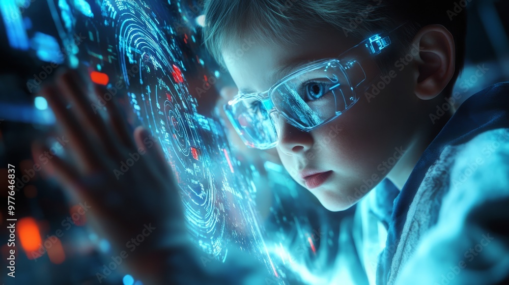Poster child acting as a quantum researcher, manipulating qubits and quantum circuits in a futuristic setti