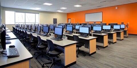 A computer lab with rows of computers and chairs in a bright room.