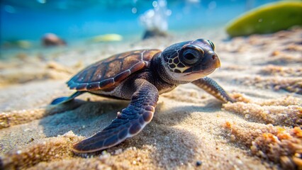 An intriguing image capturing a little turtle exploring its surroundings in the wild, with a bird in the background.