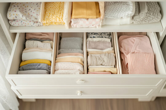 Marie Kondo tyding up method concept - before and after kids clothes drawer, copy space.