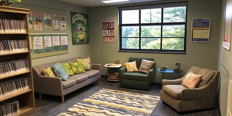 A cozy sitting area with a couch, armchair, and a bookshelf in a room with green walls and a window with a view of trees.