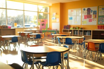 Empty kindergarten classroom waiting for students with sunlight streaming through windows