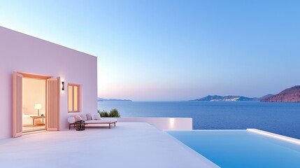 Fototapeta premium Serene Santorini Sanctuary: Luxurious Whitewashed Villas by the Sparkling Sea