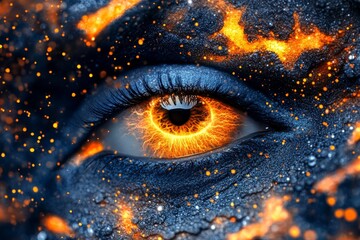 Naklejka premium Macro shot of an eye with glowing orange details symbolizing vision and fiery passion