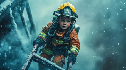 Portrait of child acting as a rescue firefighter, wearing a helmet, carrying a ladder through a smoky scene.