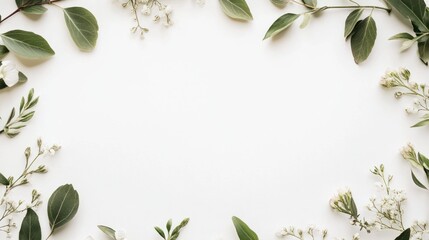 Naklejka premium A minimalist botanical frame featuring soft watercolor leaves and subtle floral accents around the edges, set on a clean white background for an elegant and modern wedding invitation.