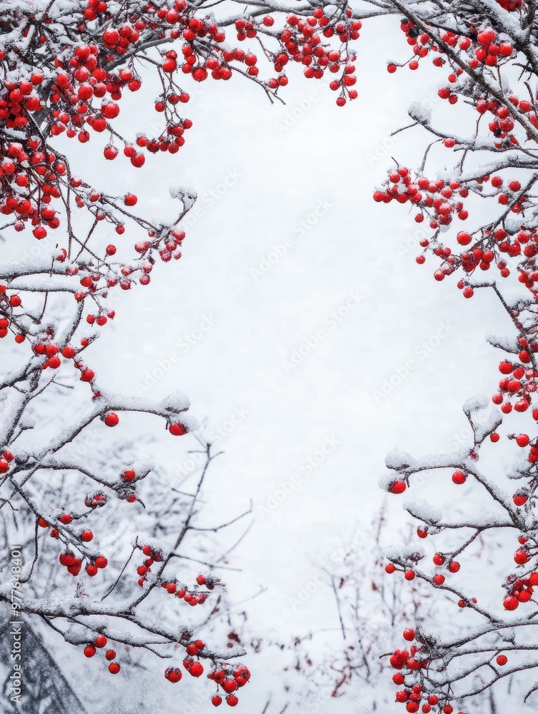 Wall mural snow-covered board frame framed by branches with red berries covered in frost. copy space.