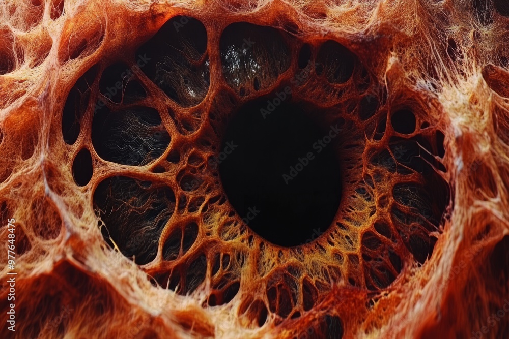 Poster extreme macro of a bloodshot and textured eye with fiery inner elements evoking imagery of inner tur