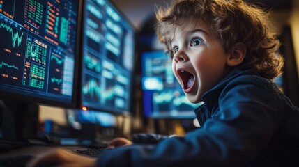 Portrait of child acting as a stock trader, watching financial data on multiple monitors, excited expression.