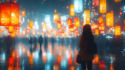 Rainy Night Cityscape with Illuminated Lanterns Illustration