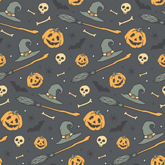 Halloween hand-drawn pattern with star, magic hat, broom, pumpkin, bones, skull. Vector stock illustration. Halloween party decoration.