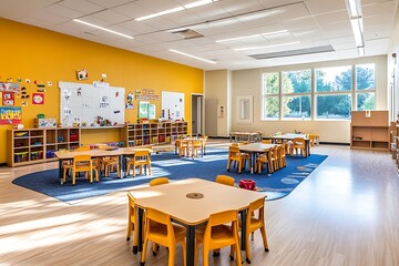 Empty kindergarten classroom interior waiting for children