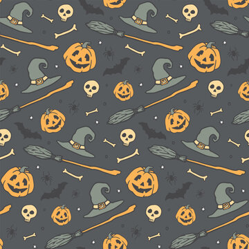 Halloween hand-drawn pattern with star, magic hat, broom, pumpkin, bones, skull. Vector stock illustration. Halloween party decoration.