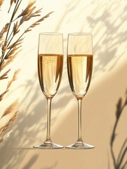 Fototapeta premium Two golden champagne flutes grasses on a new year eve background