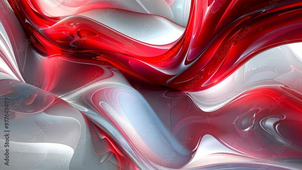 Poster fluid abstract design featuring swirling red and white elements in a dynamic composition