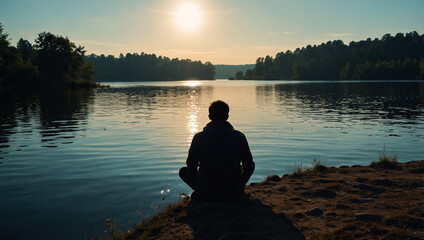 Silhouette of man sitting by tranquil lake at sunrise