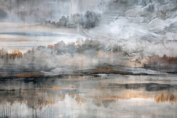 Tranquil misty lake scene with soft reflections of trees and sky.