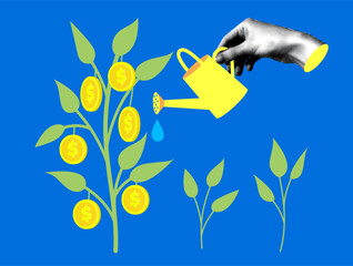 Modern collage with halftone hand waters a money tree. Coins grow on trees. Concept of saving money, investments, deposits. Financial and economic growth. Business success © Morena