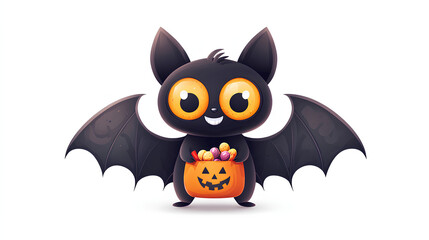 A cartoon bat holding a Halloween basket. The bat is smiling and has a happy expression. The basket is filled with candy, which adds to the festive mood of the image