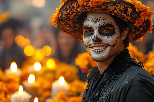Un hombre sonriendo feliz con maquillaje de calavera o Catrin en el dia de muertos  usa sombrero y ropa negra al fondo flores de cempas&uacute;chil, velas encendidas y personas