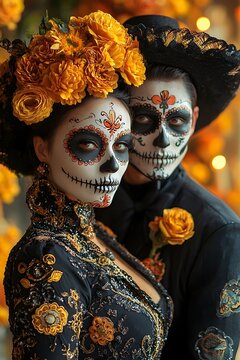 Una pareja joven disfrazados como calaveras Catrin y Catrina en el dia de muertos, usan ropa negra antigua y flores de cempas&uacute;chil. Festejos en Mexico de oto&ntilde;o 