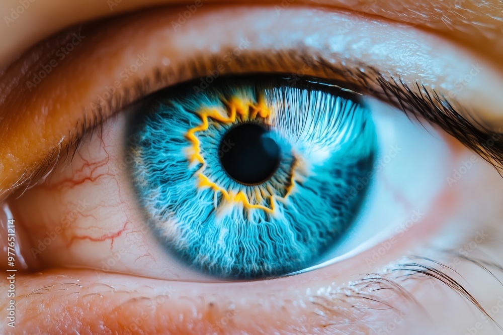 Poster close up of a vibrant blue eye with intricate golden iris and glowing pupil capturing intensity and 