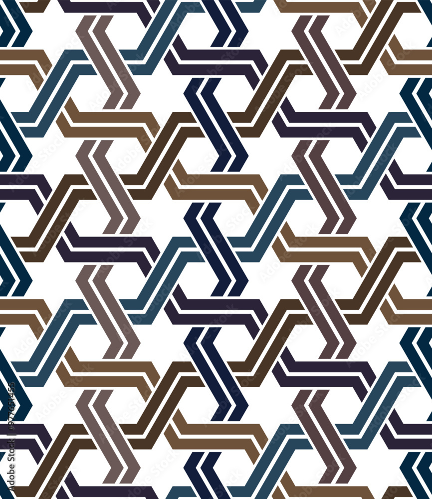 Wall mural Seamless abstract pattern with intersecting brown, blue, and purple zigzag lines forming a geometric lattice on a white background. Retro style design. Vector illustration. 