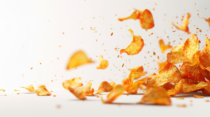 Fototapeta premium Peri Peri Fruit chips, crispy, falling on a plain white background. Hyperrealistic, cinematic and high quality