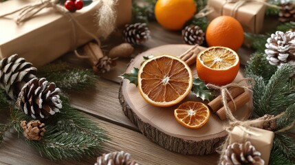 Eco-friendly Christmas decorations made from natural materials like wood and dried oranges, creating a sustainable yet festive environment.