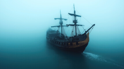 Naklejka premium An old sailing ship with multiple masts is sailing through dense fog on open water. The eerie atmosphere creates a mysterious and haunting scene.