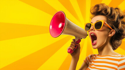 An energetic image of a 1950s woman with cat-eye glasses, shouting crazy discounts into a megaphone, with a radiant sunburst background in bold, saturated colors.