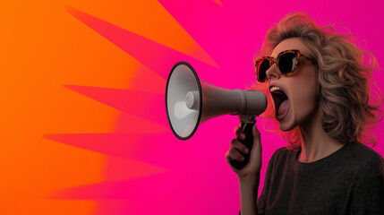Retro-style image of a woman energetically yelling into a megaphone with a bold sunburst background, featuring hot pink and golden orange rays.