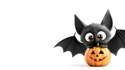Obraz premium A cartoon bat is holding a pumpkin in its mouth