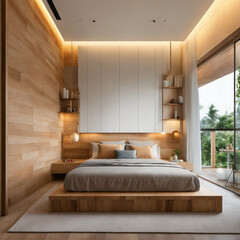 Ultra realistic  photo of Modern take on  bali inspired low ceiling small apartment white cream stone, light wood  interor view of cool  king bed with efficient custom © UmmE