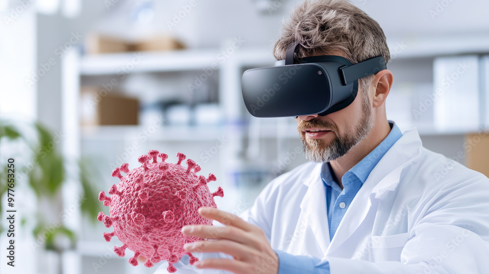 Poster a biotech scientist explores a 3d virus model using virtual reality technology in a cutting-edge lab